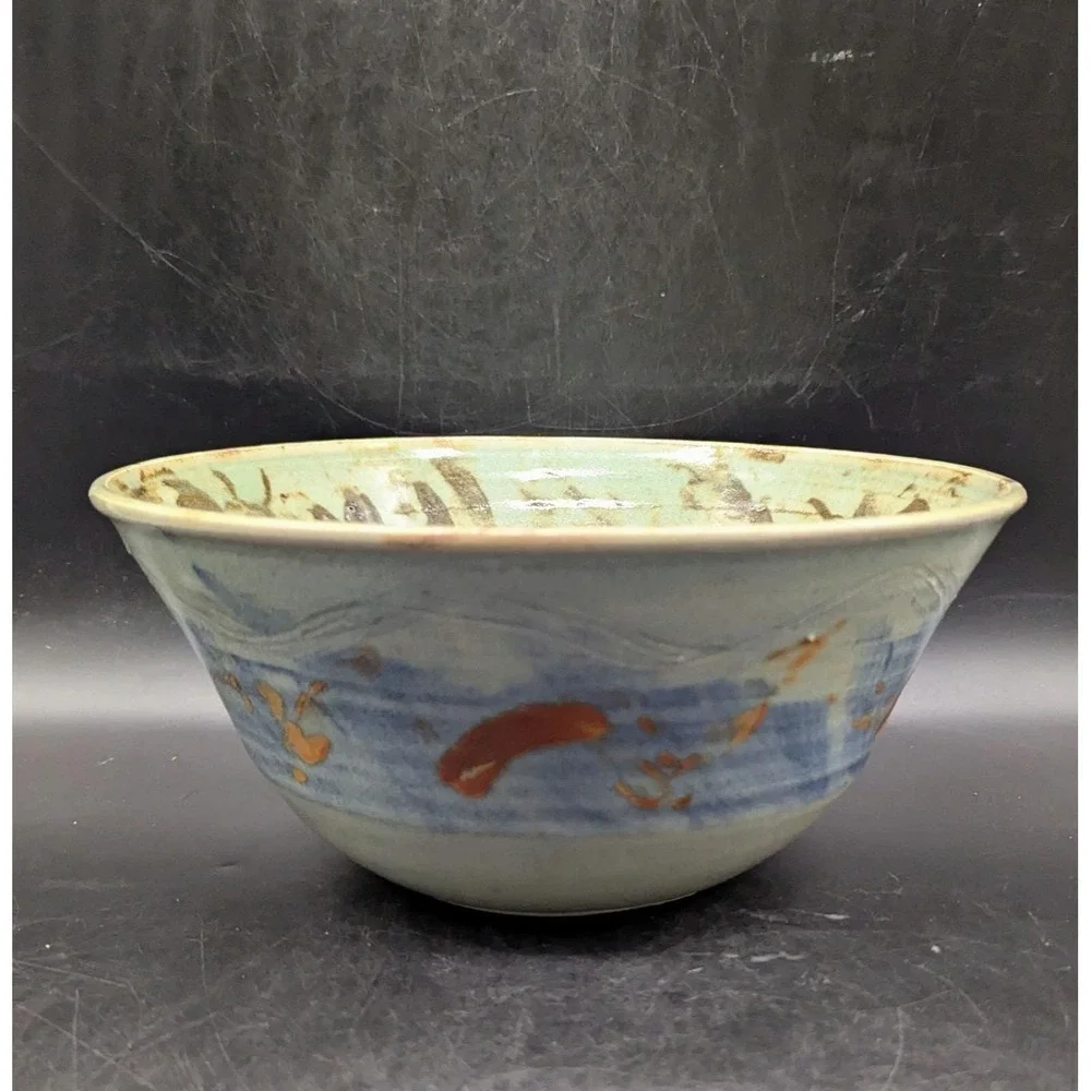 Vintage Studio Art Pottery Green Glaze Ceramic Console Fruit Bowl Signed 9.5